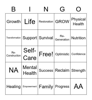 Beela Bingo RECOVERY Bingo Card