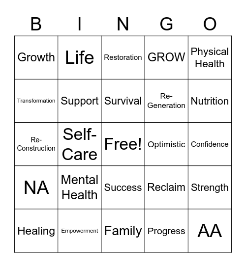 Beela Bingo RECOVERY Bingo Card