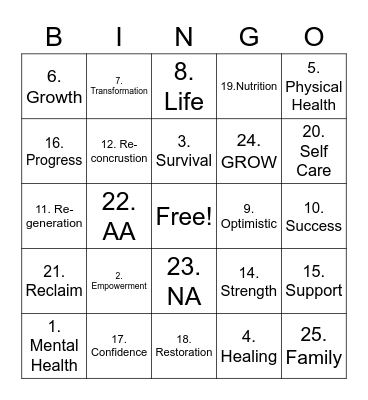 Beela Valley Recovery Bingo Card