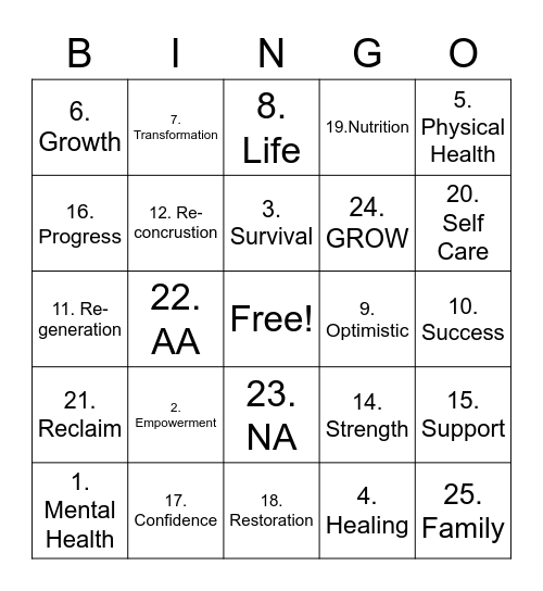 Beela Valley Recovery Bingo Card