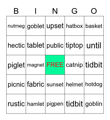 CLOSED 2 SYLLABLE BINGO Card