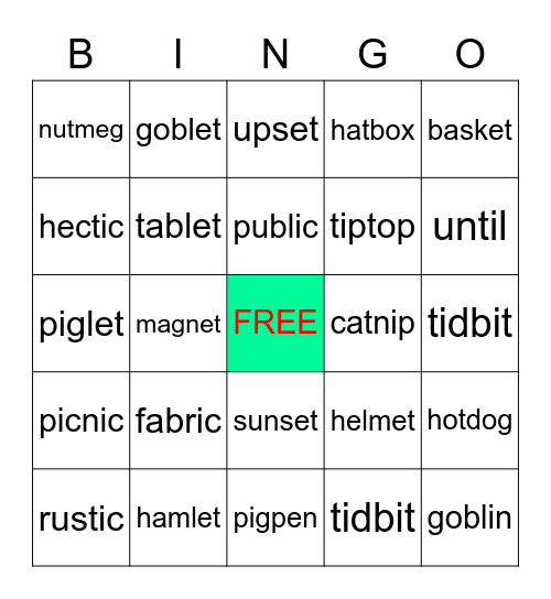 CLOSED 2 SYLLABLE BINGO Card