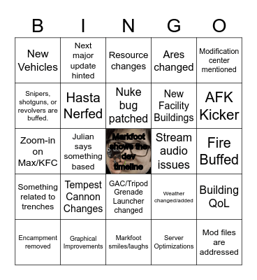 Foxhole Update 52 - Dev Stream Bingo Card