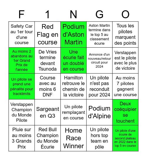 Bingo F1 2023 Bingo Card