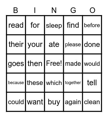 Heart Word Bingo Card