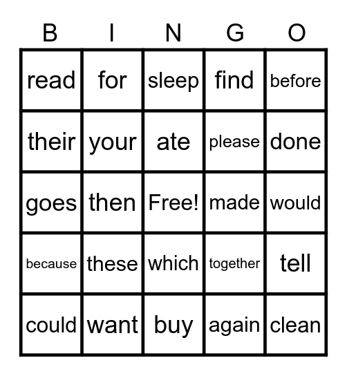 Heart Word Bingo Card