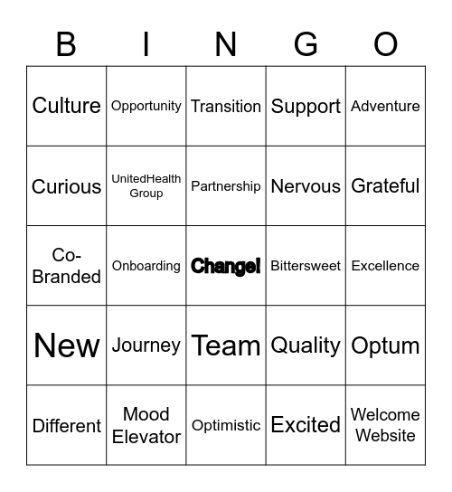 Optum Transition Bingo Card