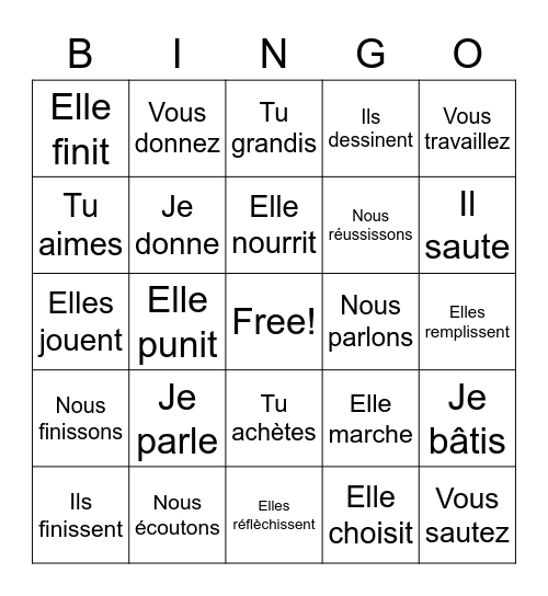 Verbes Bingo Card