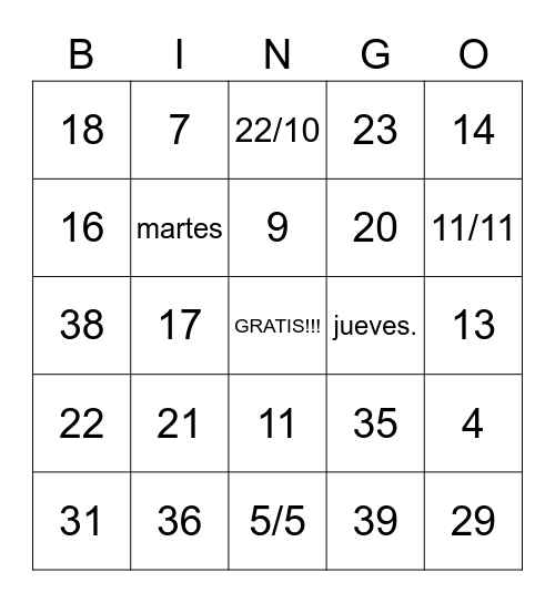 Números y Fechas Bingo Card