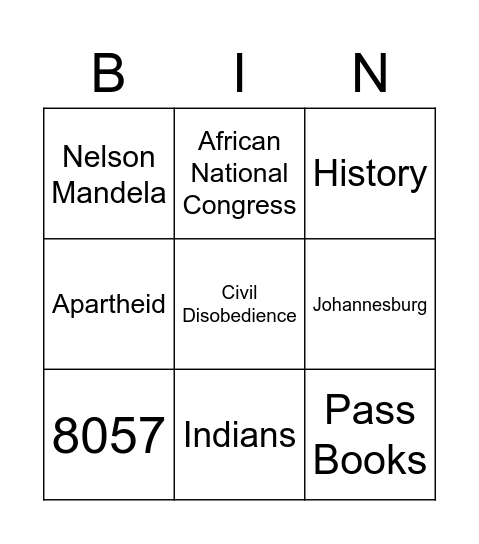 Defiance BIN Bingo Card
