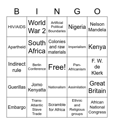 Africa's Historical Understanding Bingo Card