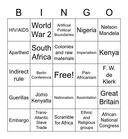 Africa's Historical Understanding Bingo Card