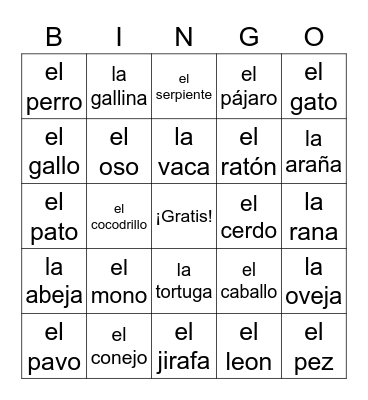 animales Bingo Card