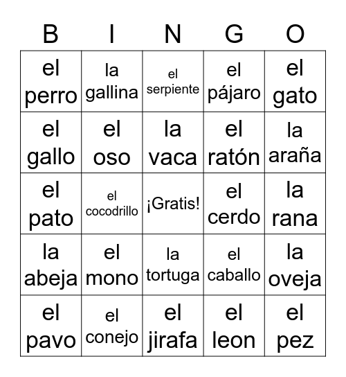 animales Bingo Card