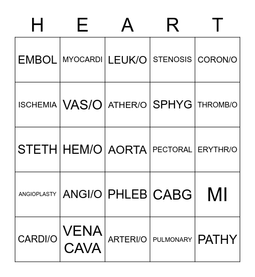 Cardiac Terms Bingo Card