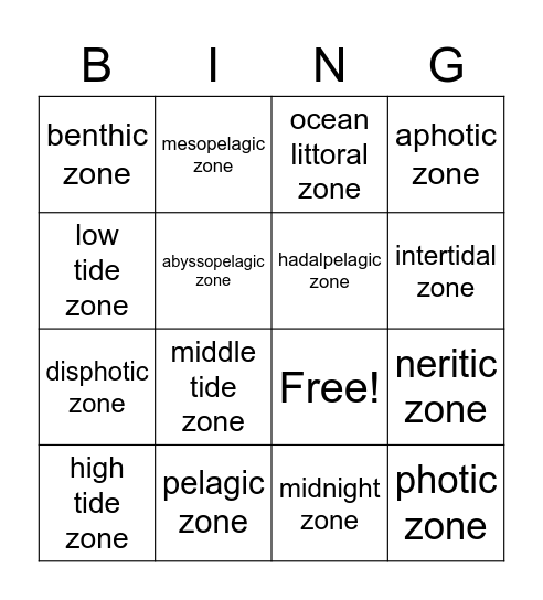 Marine Life Zones BING (No O!) Bingo Card