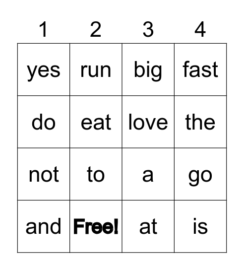 words Bingo Card