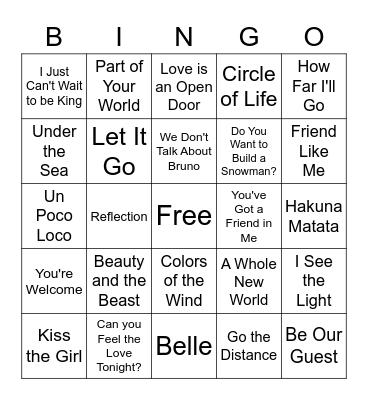 Disney Music Bingo Card