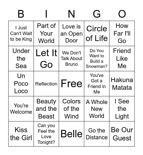 Disney Music Bingo Card