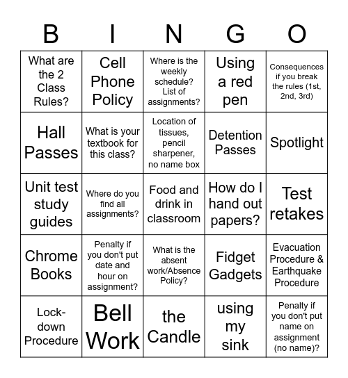 Classroom Rules & Procedures Bingo Card