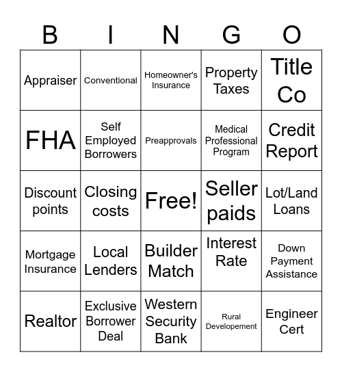 Realtor  Bingo Card