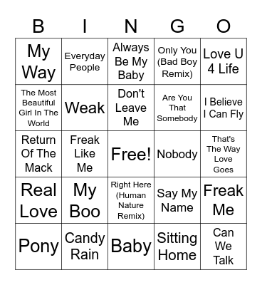 R & B Song Bingo Card