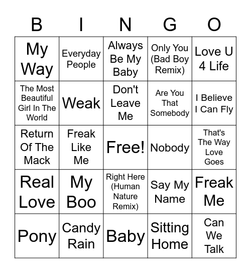 R & B Song Bingo Card