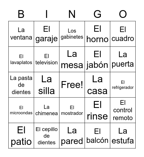 La Casa Vocabulario Bingo Card