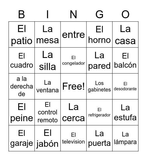 La Casa Vocabulary + Prepositions Bingo Card