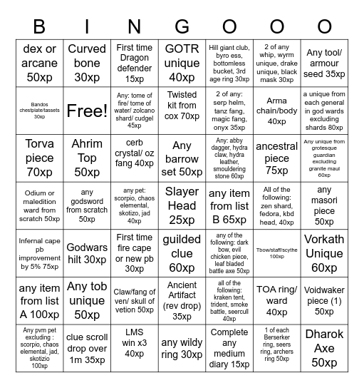 OSRS Bingo Card