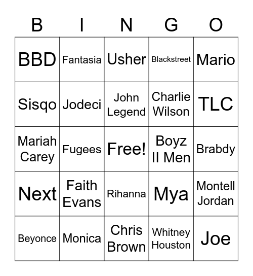 Greatest R &B Bingo Card