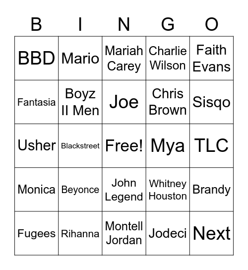 Greatest R & B Bingo Card