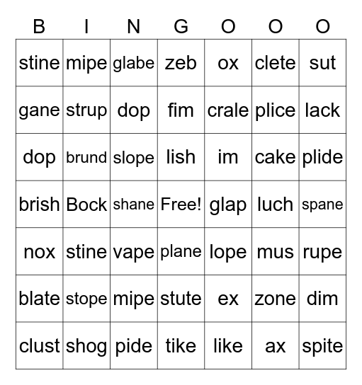 Psuedoword Bingo 11.3 Bingo Card