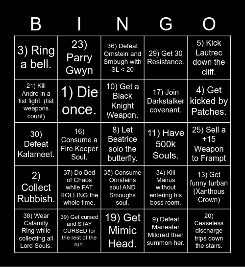 Dark Souls Example Bingo Card