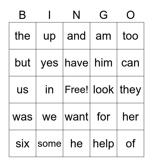 Sight Word Bingo Card
