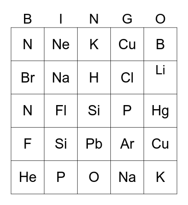 Periodic Table of Elements Bingo Card