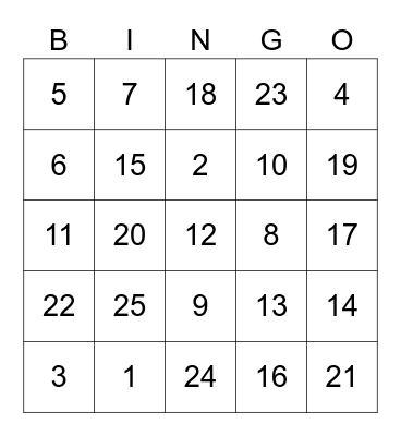 Number Bingo Card