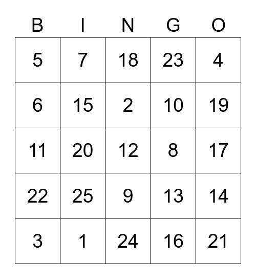 Number Bingo Card