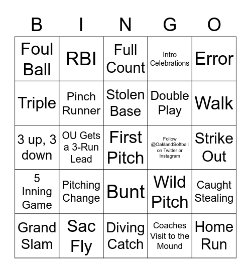 Oakland Softball Bingo Card