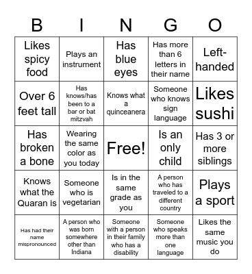 Diversity Bingo Card