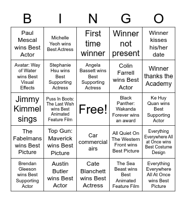 OSCARS BINGO 2023 Bingo Card