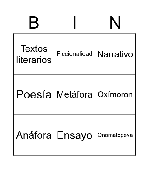 Textos Literarios Bingo Card