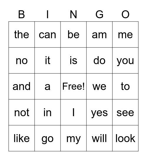 Sight Word Bingo Card