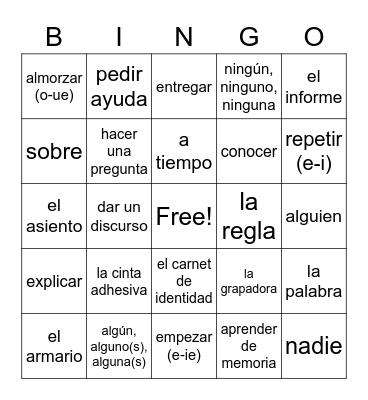 Realidades 2 1A Bingo Card