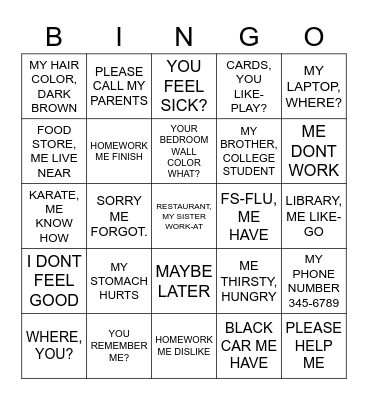 ASL 1 GRAMMAR PRACTICE Bingo Card