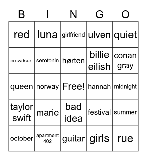 girl in red bingo !! Bingo Card