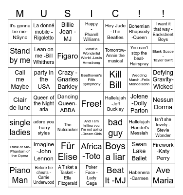 Pop Music Bingo Card