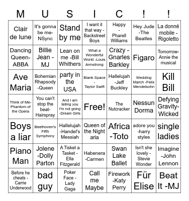 Pop Music Bingo Card