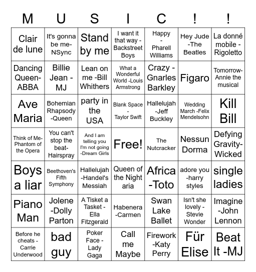 Pop Music Bingo Card