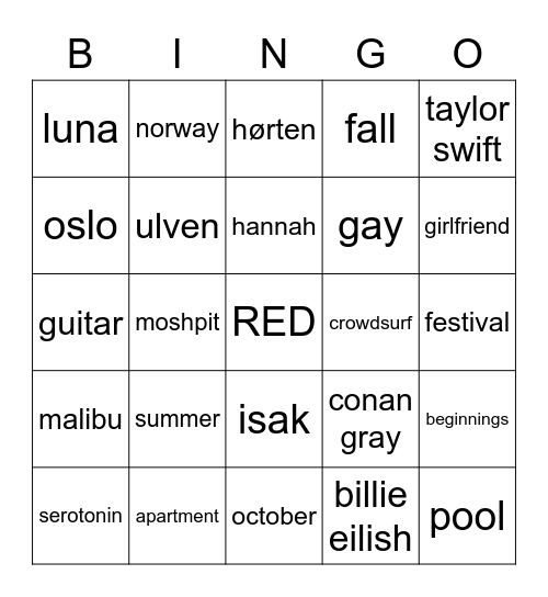 girl in red bingo!! Bingo Card